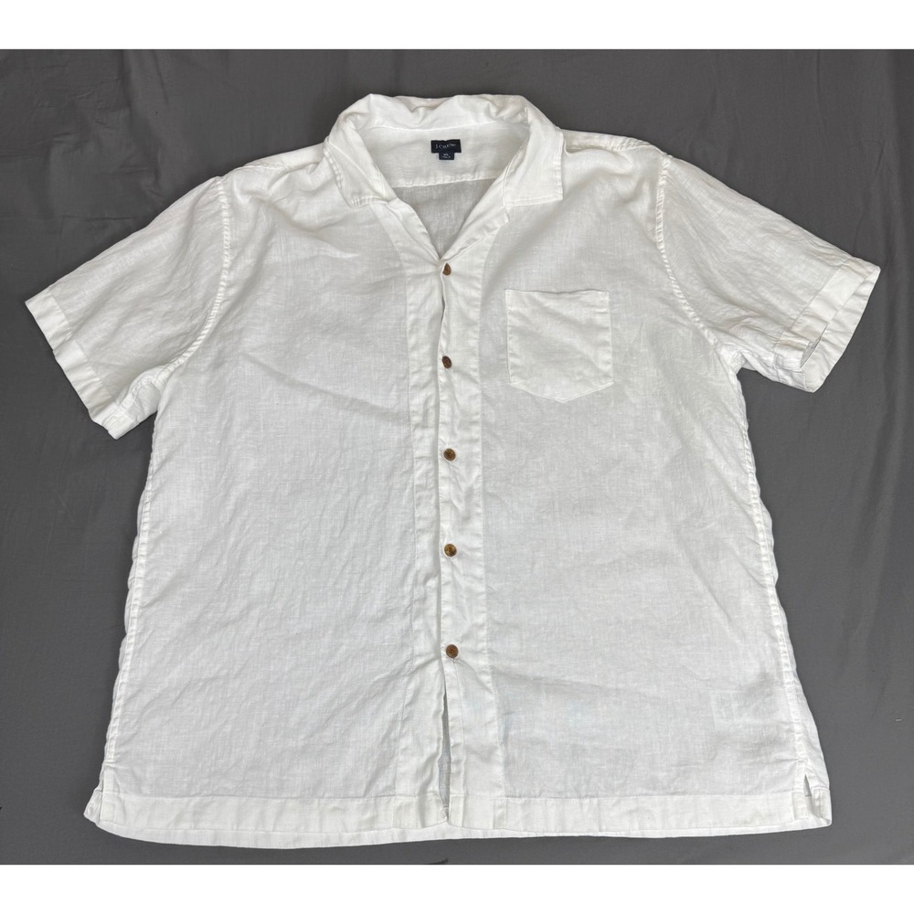 J.Crew Mens XL White Linen Blend Short Sleeve Camp Collar Button Up Shirt